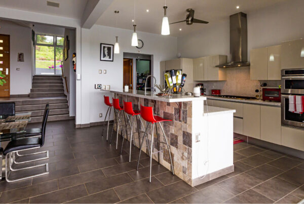 Kitchen with dark grey tile planks