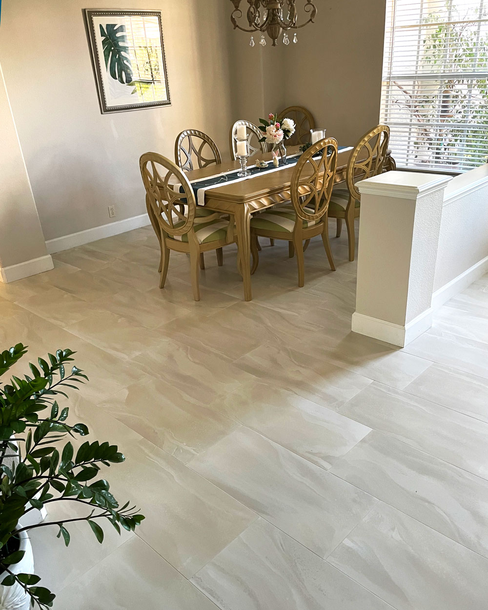 Dining room with white and grey tile planks
