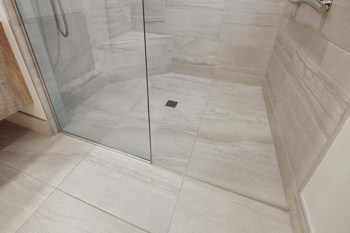 Shower tile planks with dark grout